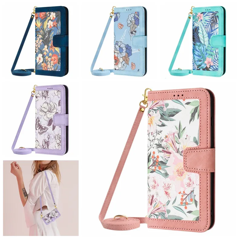 Stylish Flower Leather Wallet Cases For Iphone 15 Plus 14 13 Pro Max 12 X XS XR 8 7 Hawaiian Butterfly Floral Credit ID Card Slot Flip Cover Lady Crossbody Shoulder Strap