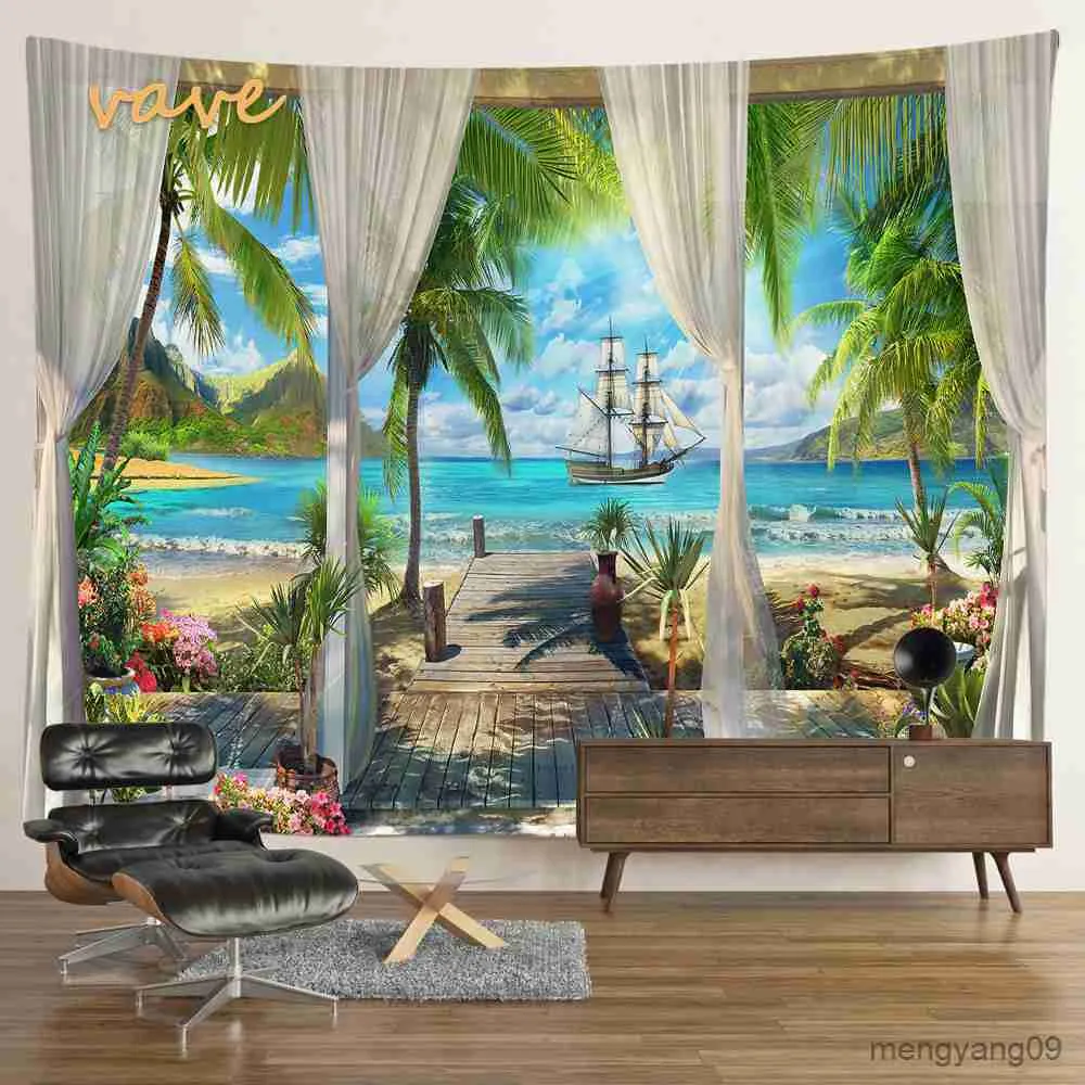 Tapisseries arbre fenêtres mur mur suspendues plage de montagne tissu tissu grand tapisserie esthétique intérieure chambre décor de chambre r230812