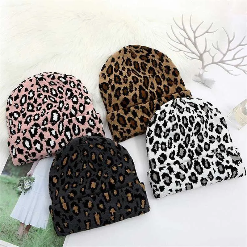 Gorro/calavera gorras de invierno damas leopardo sombreros de beanie lana de moda sombreros de punto de punto