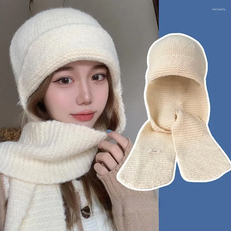 Berets Pink Hat Winter Beanie Hooded Small Scarves Two-wear Bonnets Korean Fashion Pullover Headscarf Ear Warm Caps Chapeau Hiver