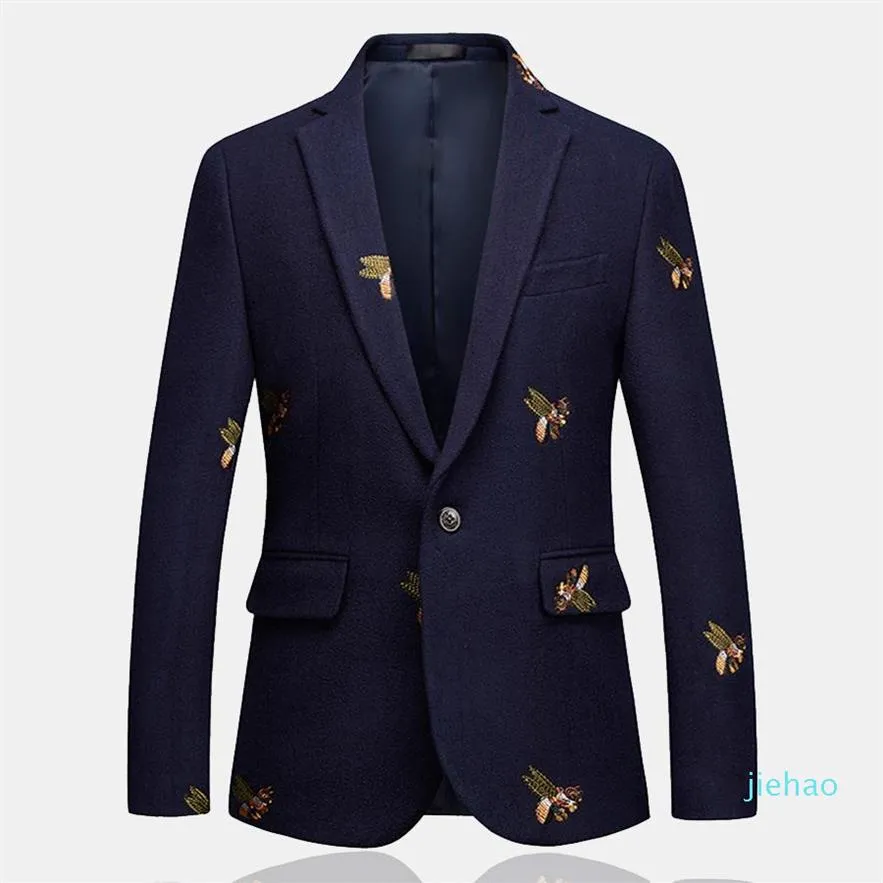 Mode- Mens één knop blazer bijen borduurwerk Smart Casual Slim Fit Jacket Hoge kwaliteit Big Size 6xl Navy Blue Deskleding MA208U