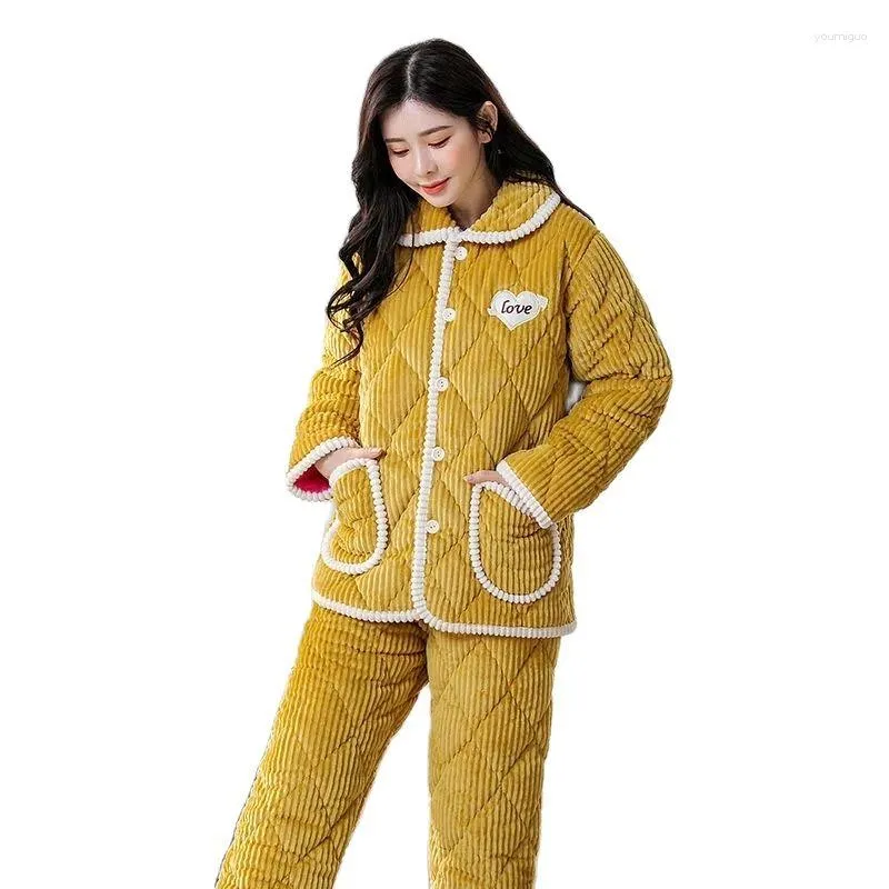 Kvinnors sömnkläder 2023 Pyjamas Autumn Winter Soft Flannel 2 Piece Set Pants Suit Loose Quilted Thick Warm Home Service Femal