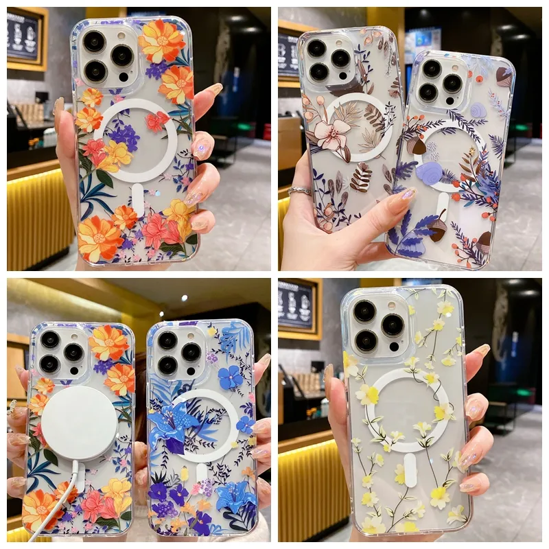 Étuis de chargement sans fil magnétiques à fleurs pour iPhone 15 14 Plus 13 Pro MAX 12 Samsung Galaxy S24 S23 Ultra S22 Mode Soft IMD TPU Magnet Clear Transparent Phone Cover