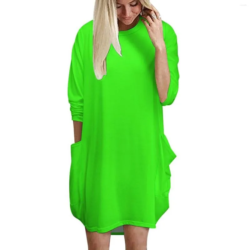 Casual Dresses Neon Green Long Sleeved Dress Women'S Fashion Print Pocket Ladies Bright