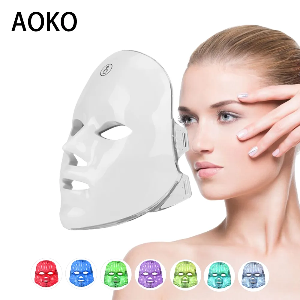 フェイスマッサージャーAOKO充電式バッテリーLEDマスク7色ポンセラピービューティーマスク肌の若返りダークスポットクリーナーデバイス230810