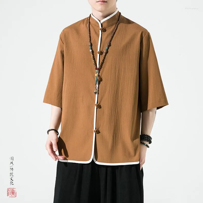 Ethnic Clothing 2023Latest Men's Hanfu Short-sleeved Shirt Men Chinese Retro Style Linen With Edge Contrast Ice Silk Plus-size