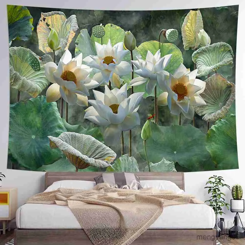 Tapestries Home Decor Summer Lotus Wall Hanging Tapestry Lotus Print Tapestry For Bedroom Living Room 230x180cm R230811