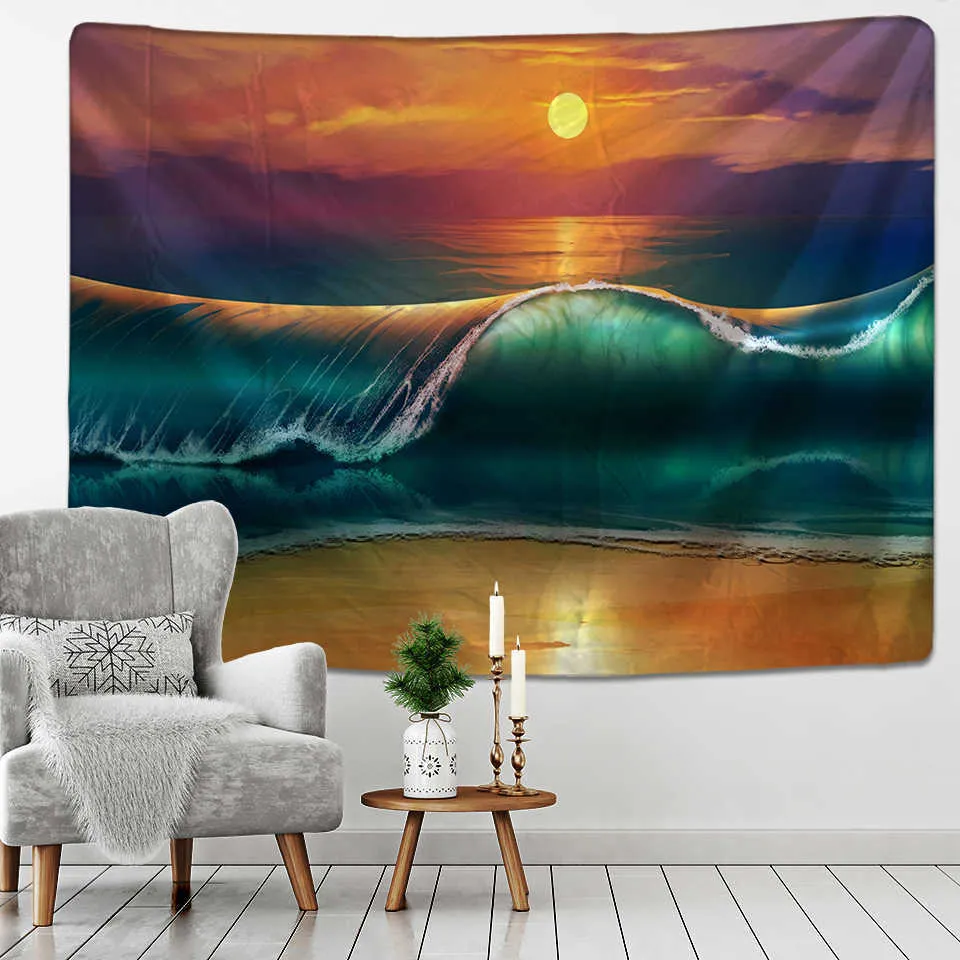 Tapisseries personnalisables, Design Animal de forêt océanique, décoration de maison Hippie, tapisserie murale, couverture, coucher de soleil et vagues de l'océan