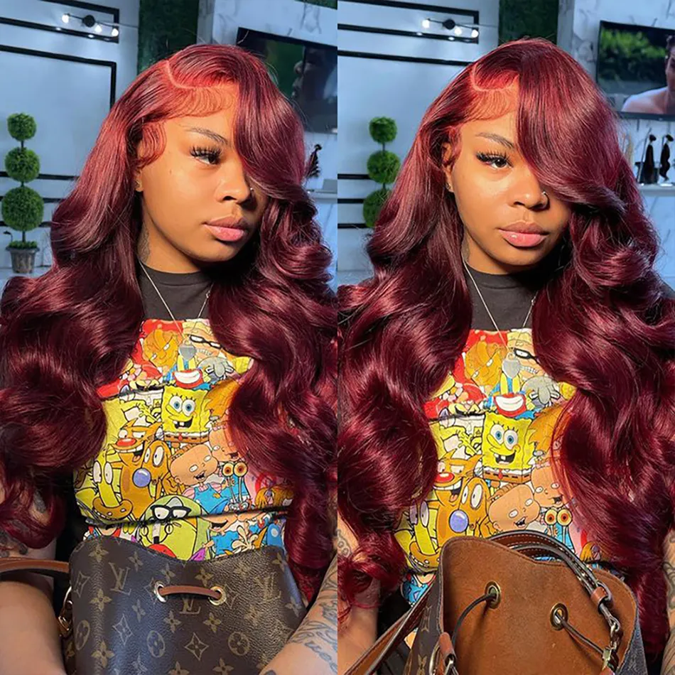 180%density 30 Inch 99j Burgundy Body Wave Lace Front Human Hair Wig Colored Glueless Hair Wigs for Women Red 13x4 13x6 Hd Lace Frontal Wig