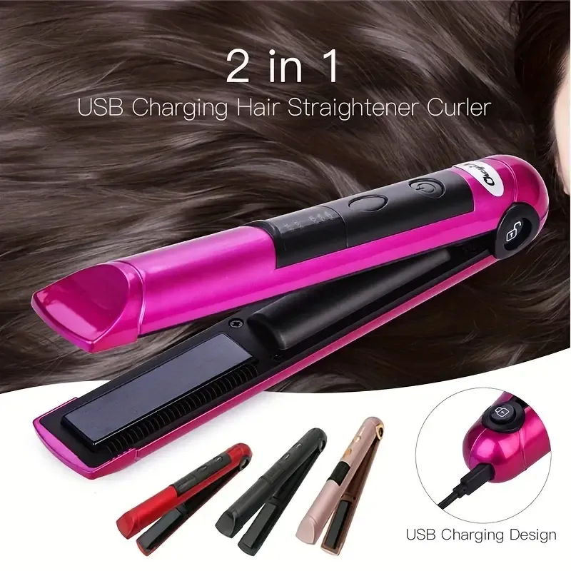 2 I 1 Plat Iron USB Wireless Hair Strainener Portable Professional Cordless Roller Curler Ceramic Fast Heat Styling Tools