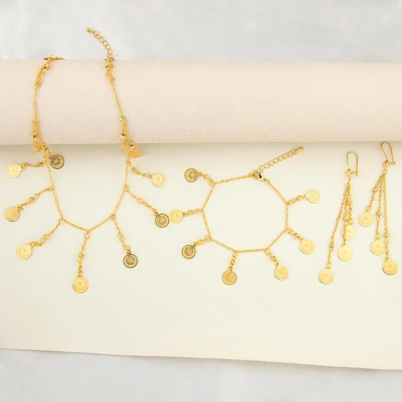 Ensemble de boucles d'oreilles et collier AYONG, bijoux élégants en pièces de monnaie turques, bracelet plaqué or 21 carats de Dubaï, accessoires de banquet de mariage_voghion.com
