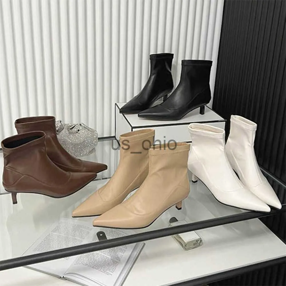 Boots Sexy Women Ankle Boots Pointed Toe Black Beige Brown White Short Booties Thin Mid Heels Slip On Back Zipper Party Pumps 3539 J230811