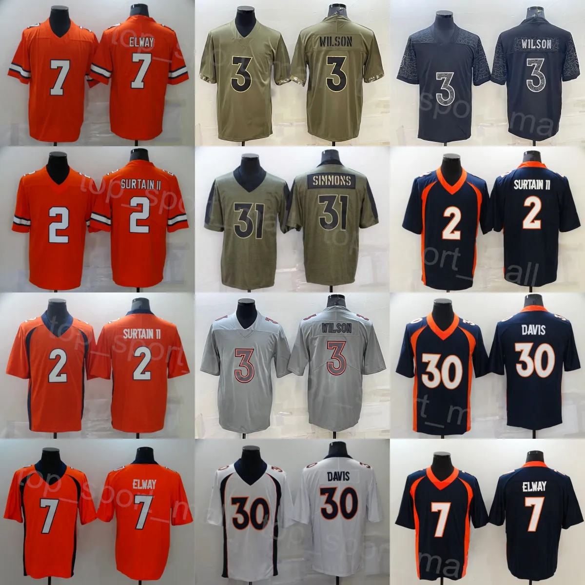 Mens Football 2 Pat Surtain II Jersey 3 Russell Wilson 30 Terrell Davis 7 John Elway Army Green Salute To Service Navy Blue White Orange Grey Turn Back The Clock Sewing