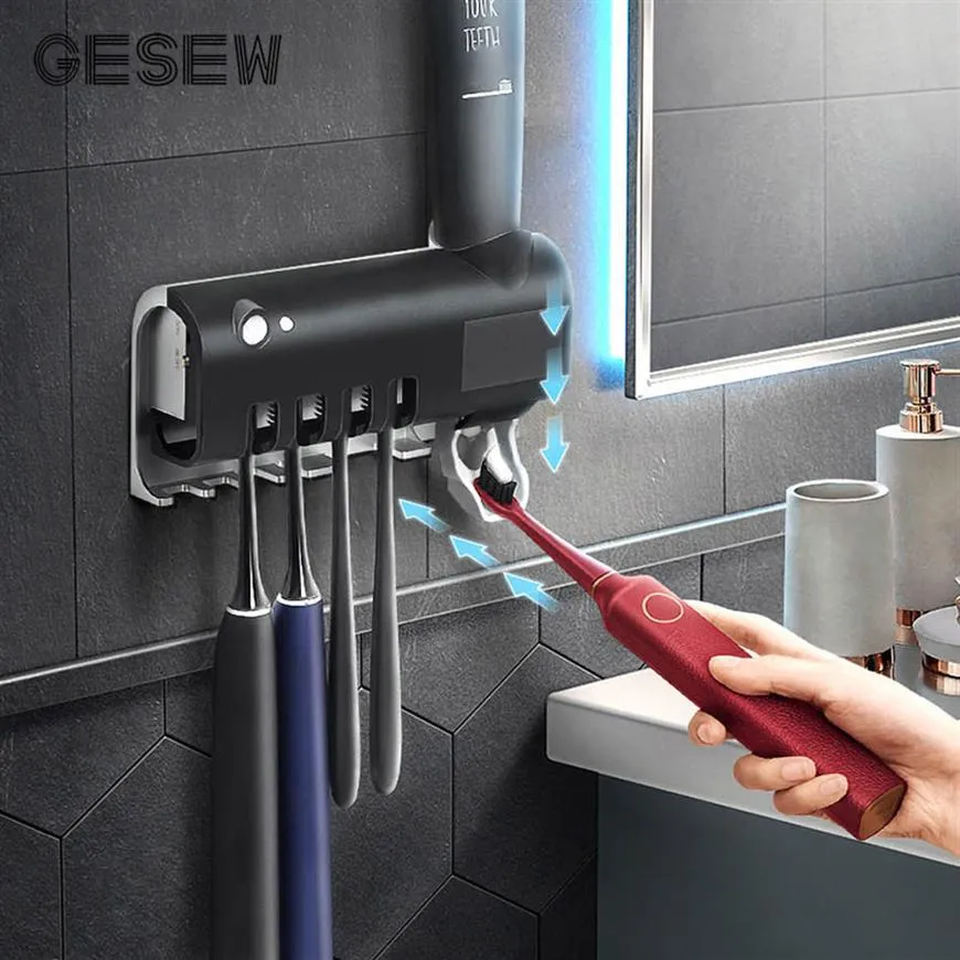 GESEW UV Sterilizer Toothbrush Holder Solar Energy Automatic Toothpaste Squeezers Dispenser Wall-mounted Bathroom Accessories T200267D