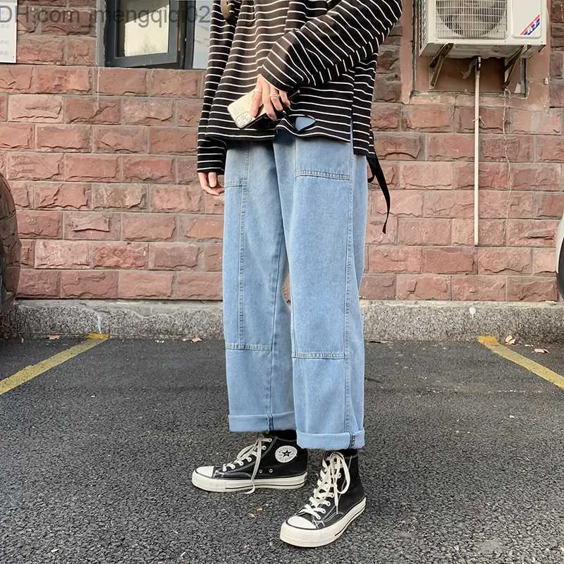 Men's Pants Jeans men's loose fitting straight wide leg pants Korean fashion versatile spring and autumn capris patchwork pants Z230814