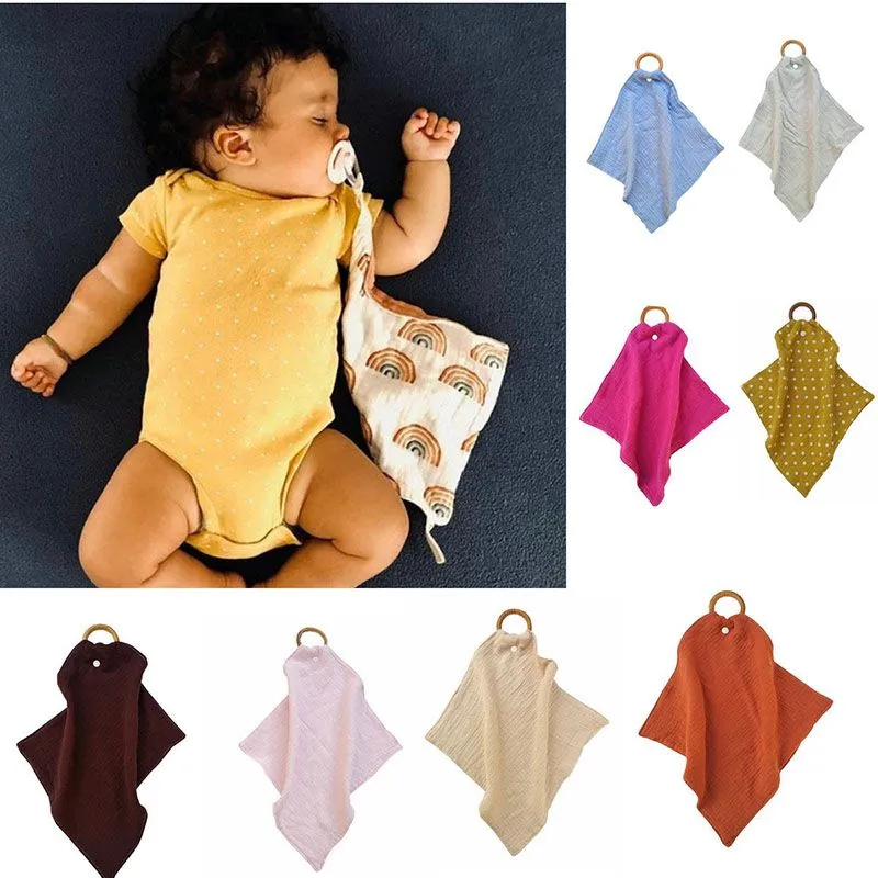 Feeding Drool Bibs with wood rings Cotton Accessories Newborn Solid Color Snap Button Soft Triangle Towel Baby Bibs 