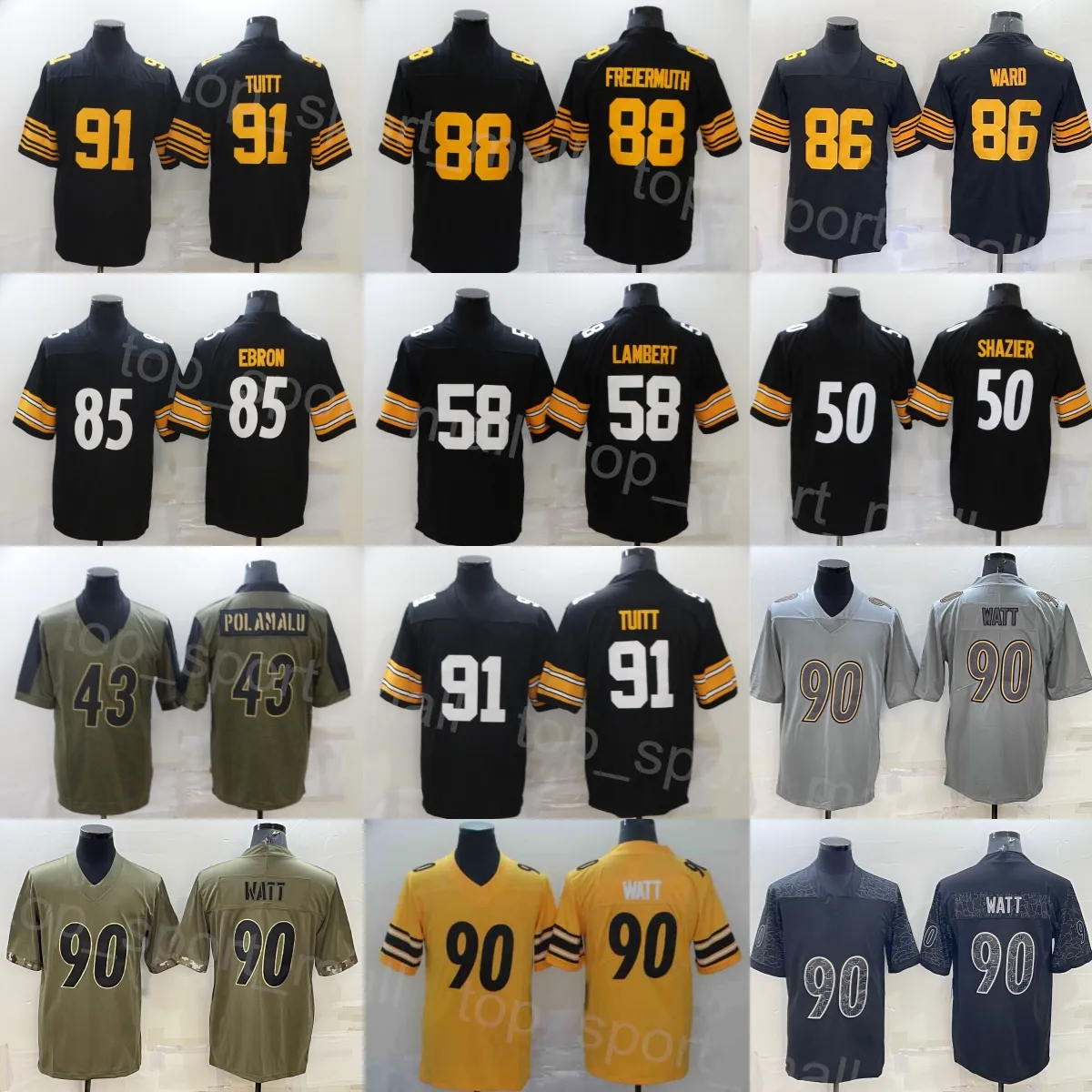 Calcio uomo 85 Maglia Eric Ebron 90 TJ Watt 91 Stephon Tuitt 50 Ryan Shazier 86 Hines Ward 43 Troy Polamalu 58 Jack Lambert 88 Pat