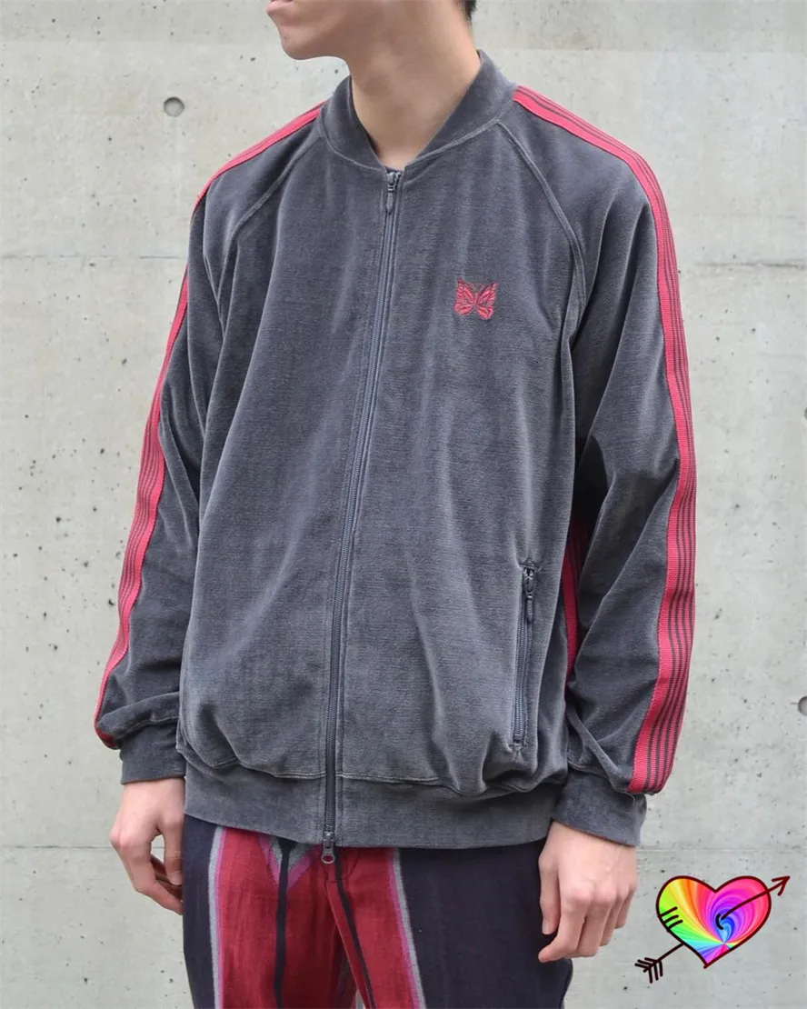 Gray Red Needles Track Zip Up Jackets With Velvet Embroidery Gray Red Needles Track Zip Up Jackets With Velvet Embroidery