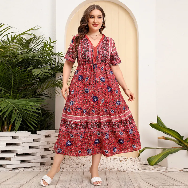 Basic lässige Kleider plus Größe Frauen Kleidung verkaufen Vintage Blumenkleid Bohemian Style Spitze V-Ausschnitt Langer Sommer Beach S-4xl Kurzarm 230811