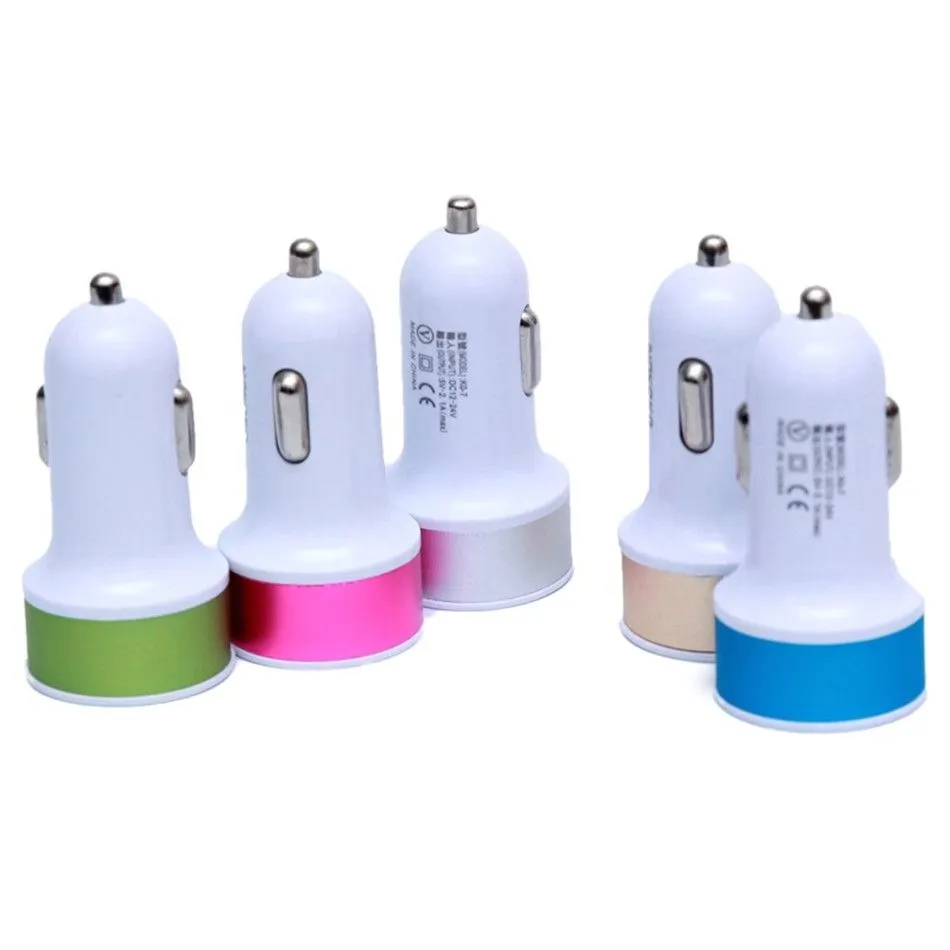 Dual USB Ports Metal Car Charger Colorful Micro USB Car Plug -adapter för iPhone för Android -telefon ZZ