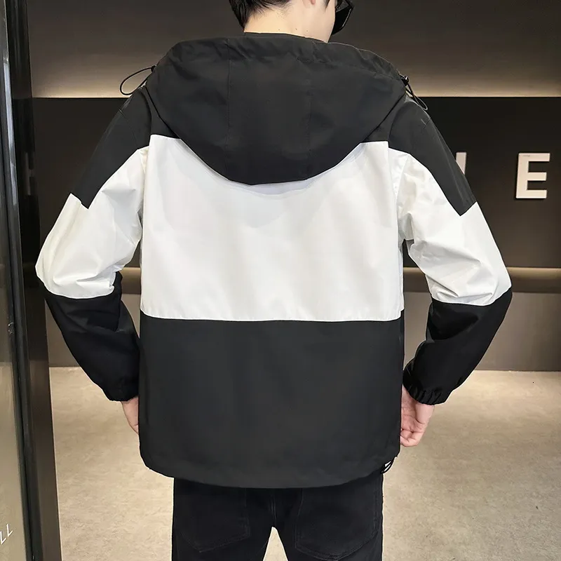 Mens Casual Jackets Fashion Y2k Patchwork Drawstring Hooded