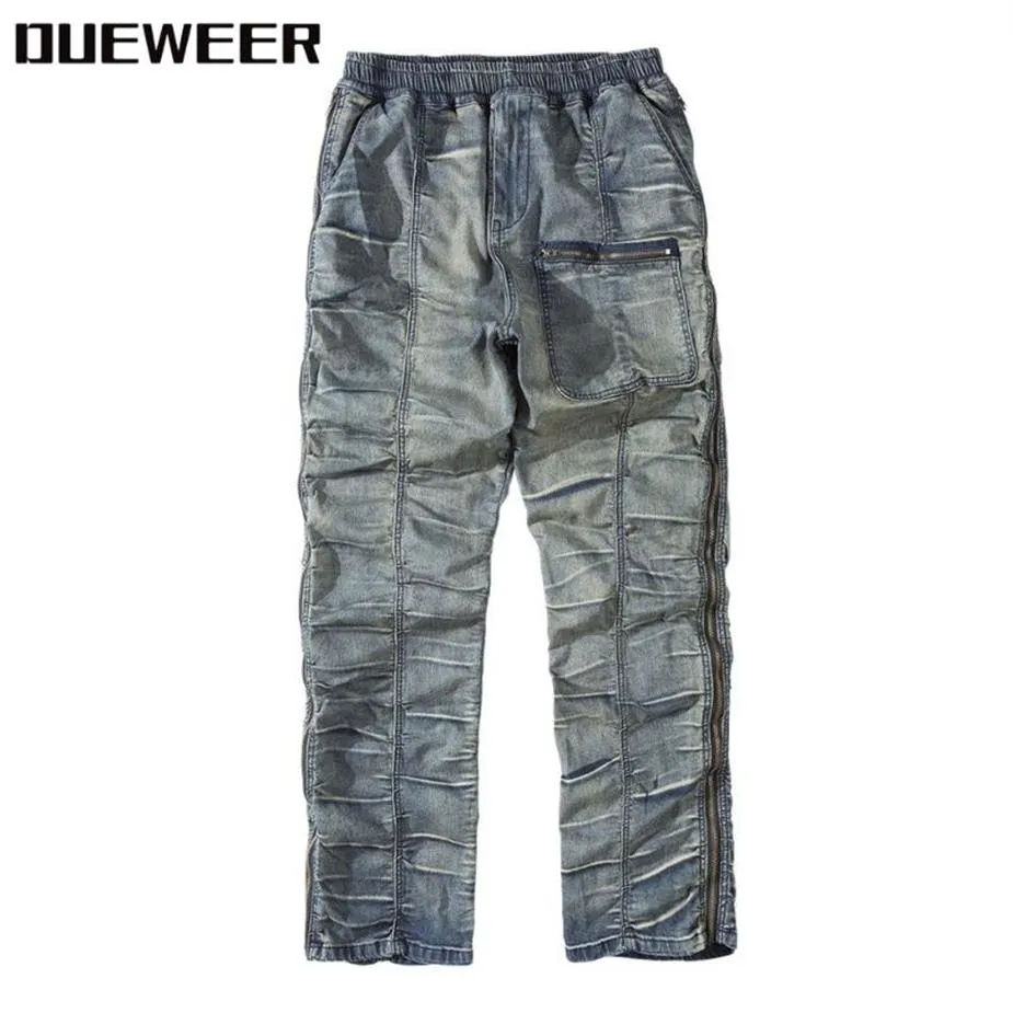 Dueweer vintage noodlijdende geplooide jeans swag streetwear slank fit biker jeans mannen hiphop dubbele zijkant zipper denim pant voor men3317