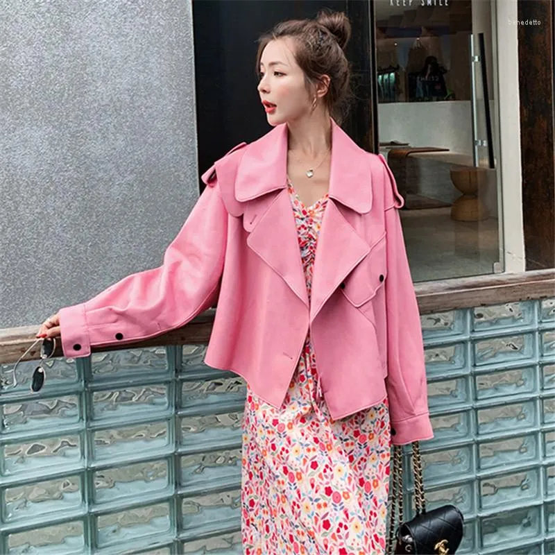 Women's Korean Elegant Faux Pink Leather Jacket: Short Loose Casual Spring  Coat