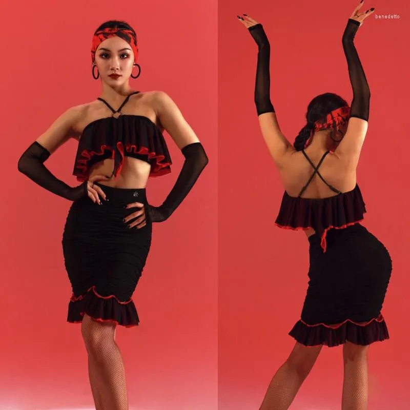 Bühne Wear Fashion Latin Dance -Wettbewerb Kostüm Sexy Halter Top schwarze Röcke Frauen Chacha Samba Rumba Kleidung 9334