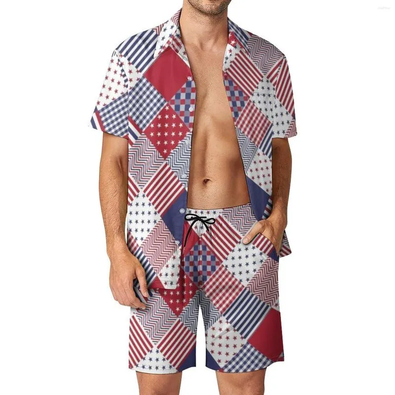 Suits de survêtement masculins Patchwork Flag Patchwork sets masculins bleus et blancs de chemise décontractée drôle ensemble à manches courtes Shorts personnalisés Summer Summer Plus