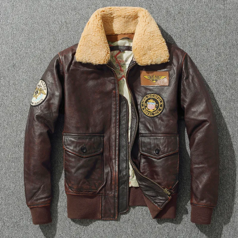 Giacche da uomo G1 Giacca in pelle pilota maschile maschile marrone vintage collare bomber militare di lana sciolta vintage giacca classica di bomber militare al 100% in mezzo alla mucca naturale 230811