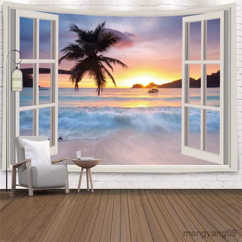 Tapisseries fönsterlandskap Tapestry Wall Hanging Tropical Tree Tapestries Art Home Decoration Sea Sunrise Dorm R230812