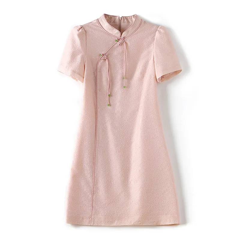2023 Лето розовый твердый цвет жаккардовый платье с короткими рукавами воротничнее по колено повседневные платья W3Q064601