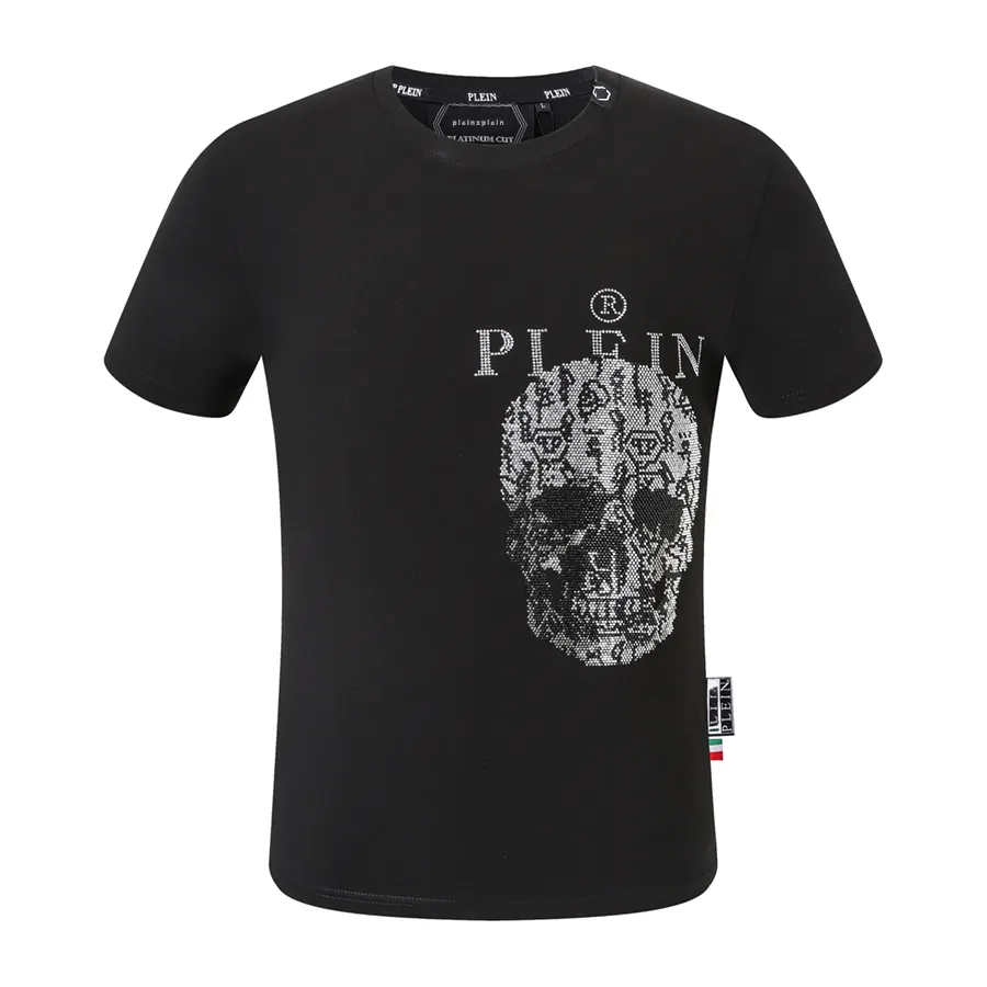 Pleinxplein Pp Men's Thirts الأصلي تصميم القميص الصيفي القميص Plein Ple Pp القطن القميص Rhinestone Shirt قصير الأكمام 123 اللون الأبيض الأسود