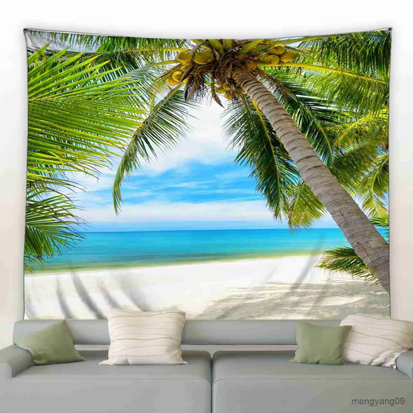 Tapestries Beach Coconut Trees Nature Landscape Tapestry Ocean Leaves Summer Landskap Vägg hängande vardagsrum sovrumsdekor R230812