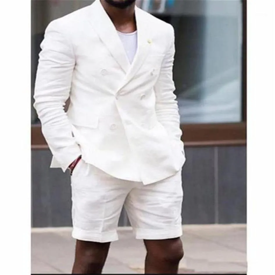 Summer White Men Suits Double Breasted Blazer Short Pants Two Piece Casual Style Male Jacket Wedding Groom Tuxedos1230I