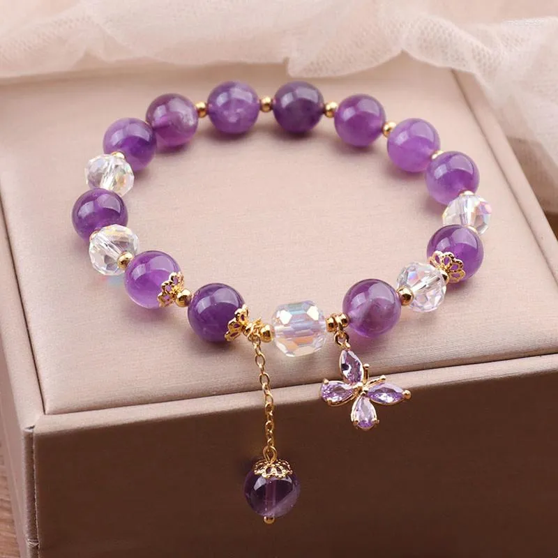 Strand Purple Crystal Bracelet For Women Gold Color Metal Chain Transparent Beads Handmade Hand Strings With Butterfly Pendant