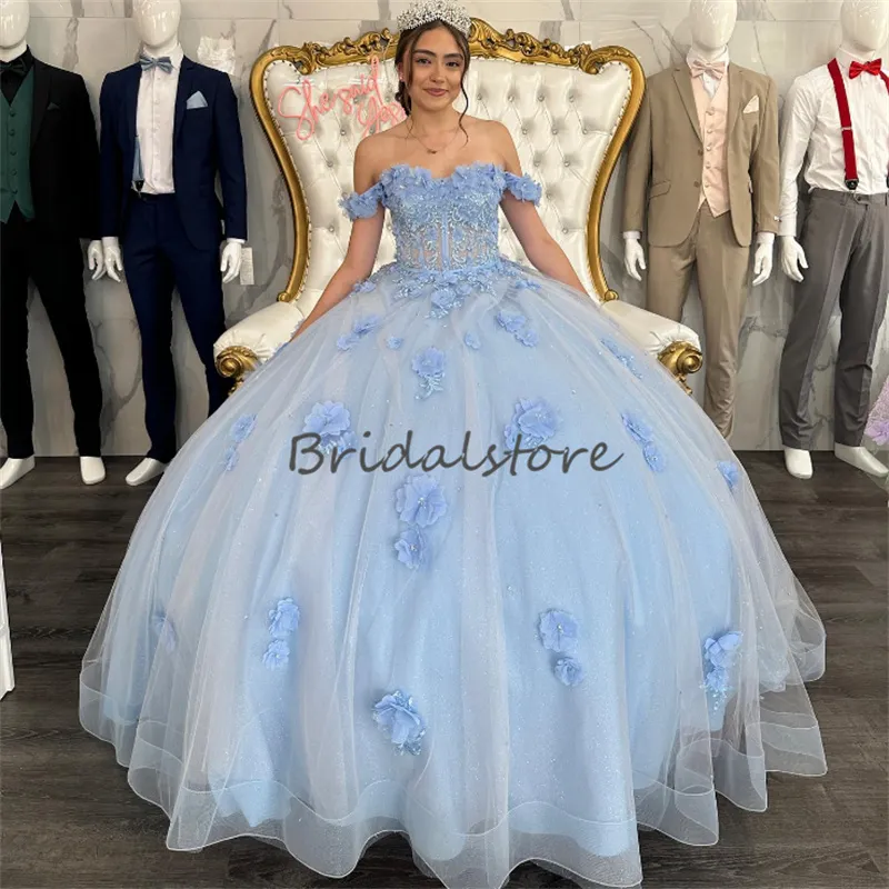 Cendrillon Blue Quinceanera Robes 2023 Luxury 3D Floraux perlé para xv princesse d'anniversaire Robe de fête élégante Prom Debutante Vestidos 15 Anos Robes de bal