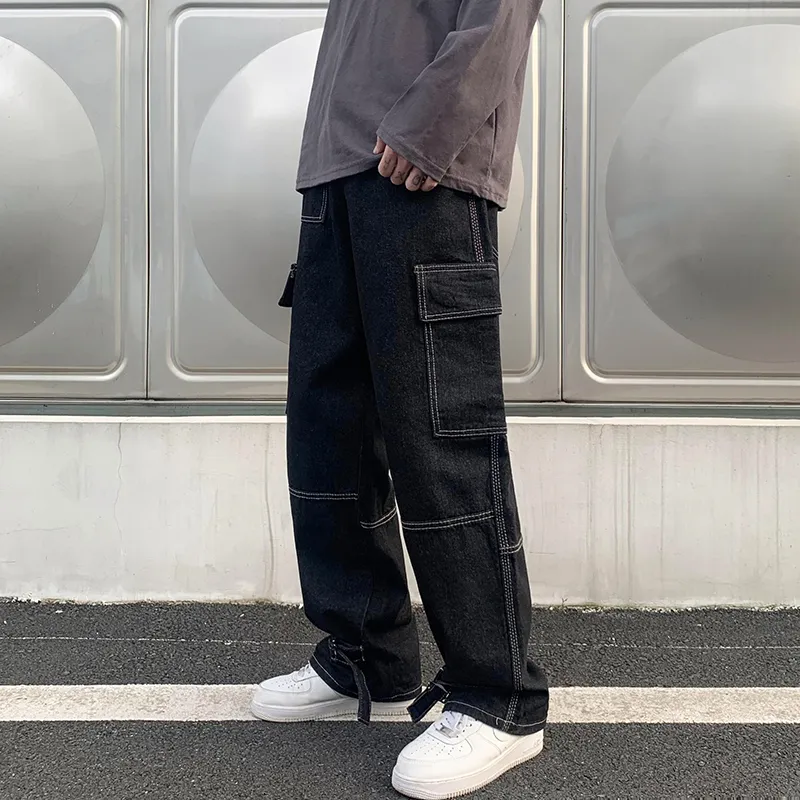 Jeans pour hommes hommes large jambe hip hop pantalon de jean street streetboard décontracté décontracté.