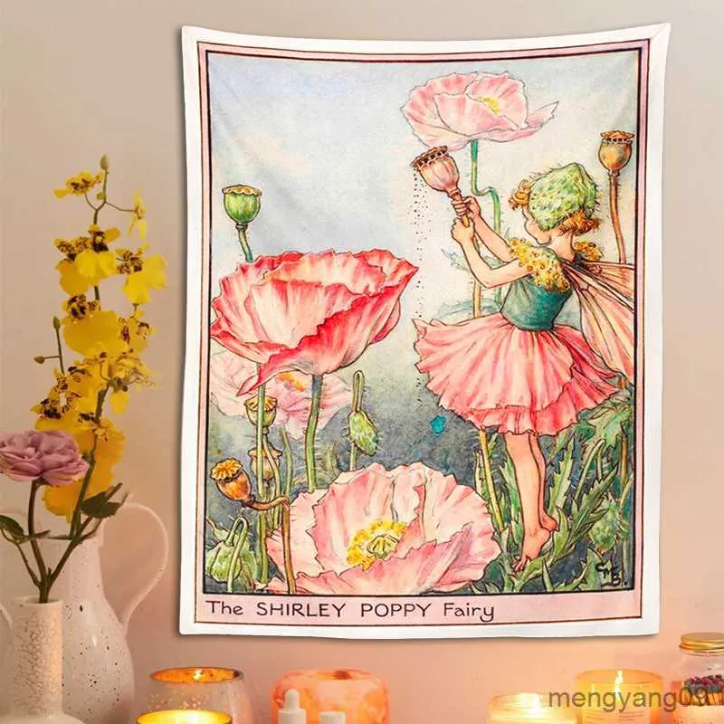 Tapissries Flower Fairy Tapestry Wall Hanging Pink Girl Tapestries Illustration vardagsrum sovrum väggdekor R230812