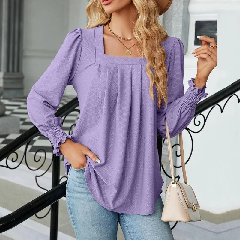 Blusas femininas pullovers ladries blush outono outumn slova de luva quadrada camisa de pescoço de pescoço de blusas plissados ​​sólidos