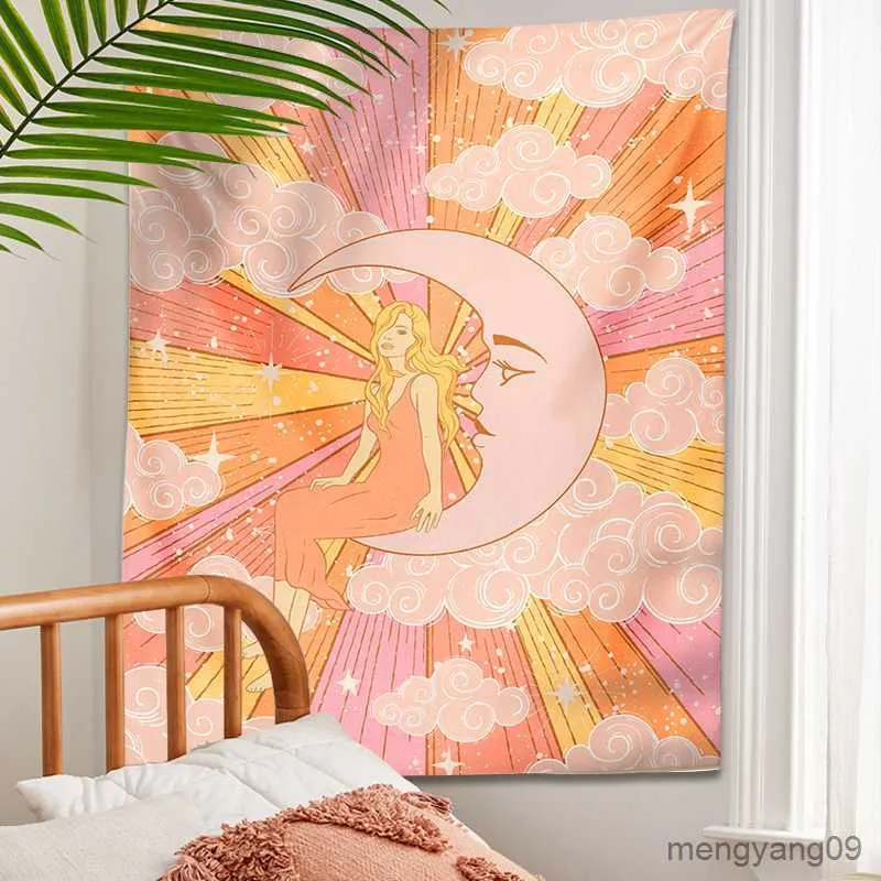 Tapestries Sun Moon Tapestry Wall Hanging Decor Celestial Moon Goddess Witchy Retro Rainbow Room Home Decor Art R230812