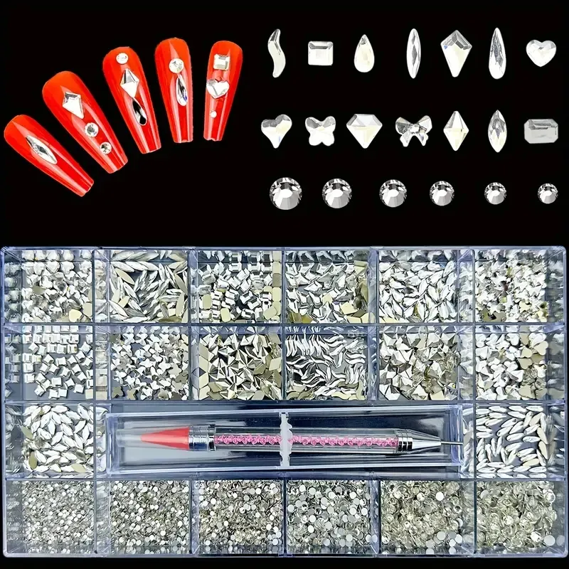 8600 st nagelkonst Rhinestones Kit - Multi -Shape Glass Crystal AB Nail Stones, Diamond Storage Box Wax Pen for Nail Art Crafts