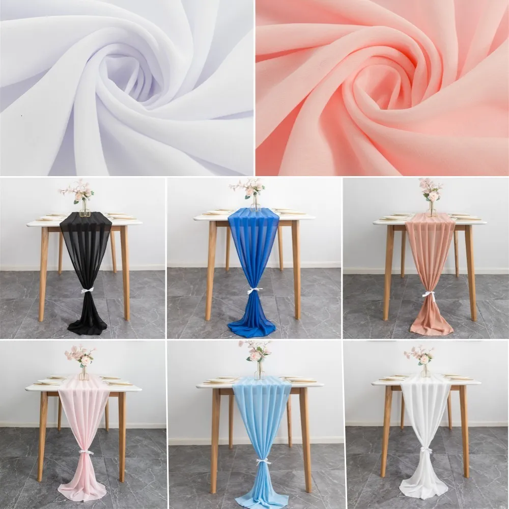 Tabel Runner Sheer Chiffon Table Runner Luxe Solid Color White Pink Blue Table Runner voor bruiloftsfeest Evenement Tabel Decoratie Supplies 230811