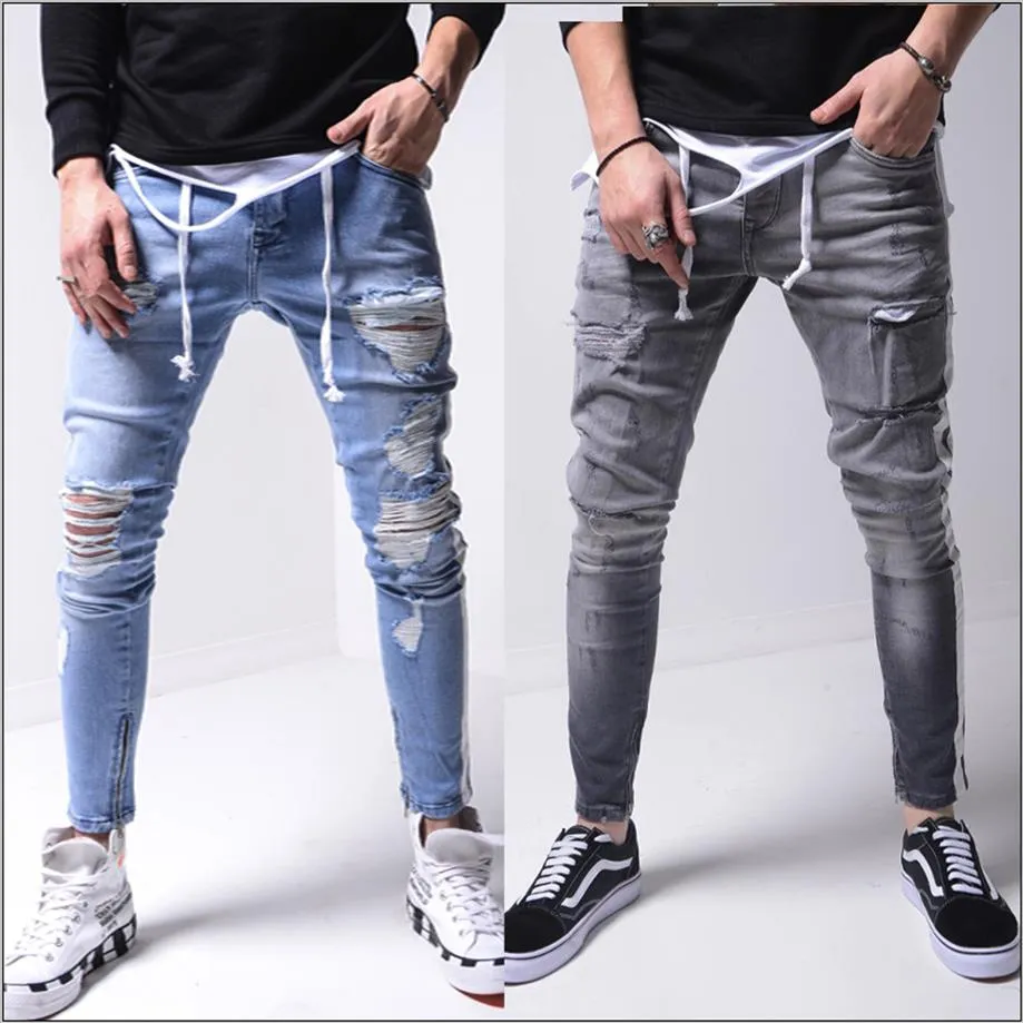 Jeans maschile maschile retrò le strisce laterali grigio buca High Street Slim Slimtome Long Denim Hip Hop Pants Pencil per maschio207p