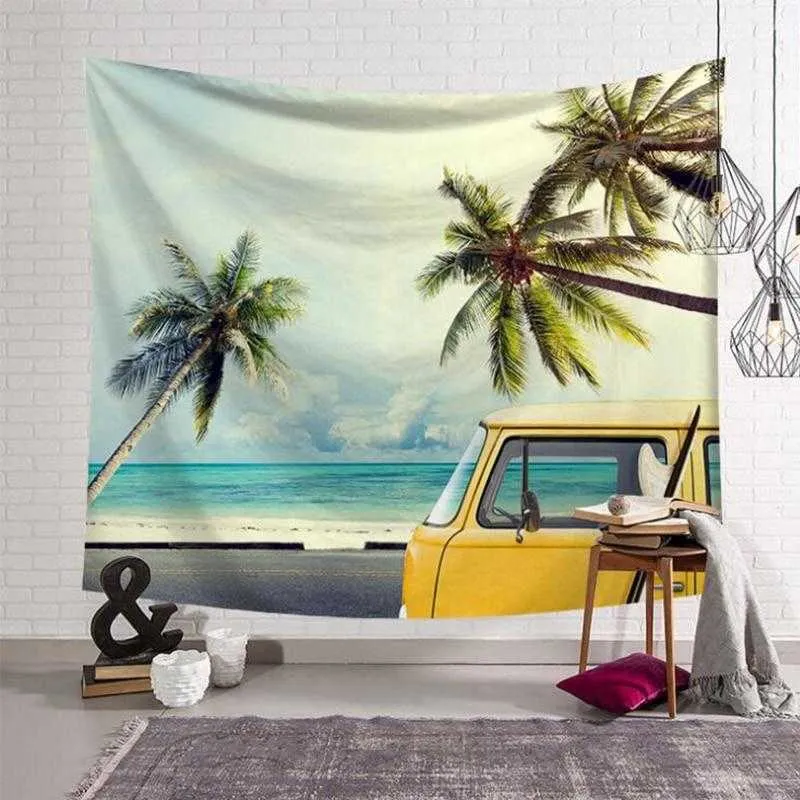 Arazzi Decorazioni per la casa Autobus Albero Spiaggia Arazzo Oceano Appeso a parete Tappetino da picnic Coperta a tema Arredamento camera da letto dell'hotel 85x75 cm