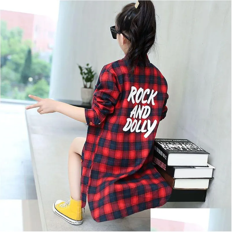 Kids Shirts Fashion Autumn Long Section Blouse For Girls Green Yellow Red Plaid Cotton Casual Teenage School Tops And Blouses Lj2008 Dhymw