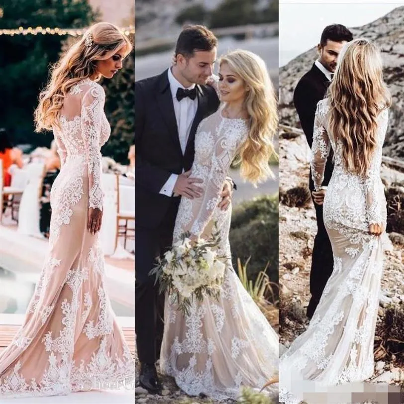 Szampanowe długie rękawy sukienki ślubne koronkowe aplikacje 2021 Sweet pociąg Scoop Neck Illusion Country Wedding Suknia Vestido de N281Y