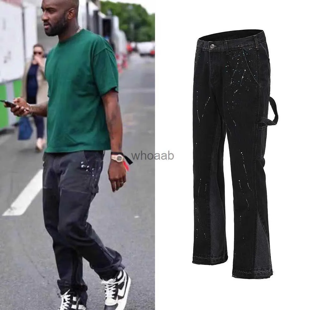 Urban Streetwear Flare Pants Black Wide Leg Jeans Hip Hop Splashed inktbroeken Men Patchwork Slim Fit denim broek voor mannen HKD230812