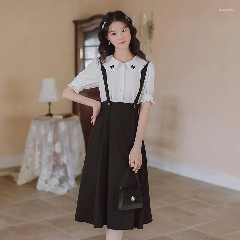 Work Dresses Korean Sweet Retro Two Piece Set Women Summer Black Bow Cute Lace Doll Collar Tops French Vintage Strap Skirt