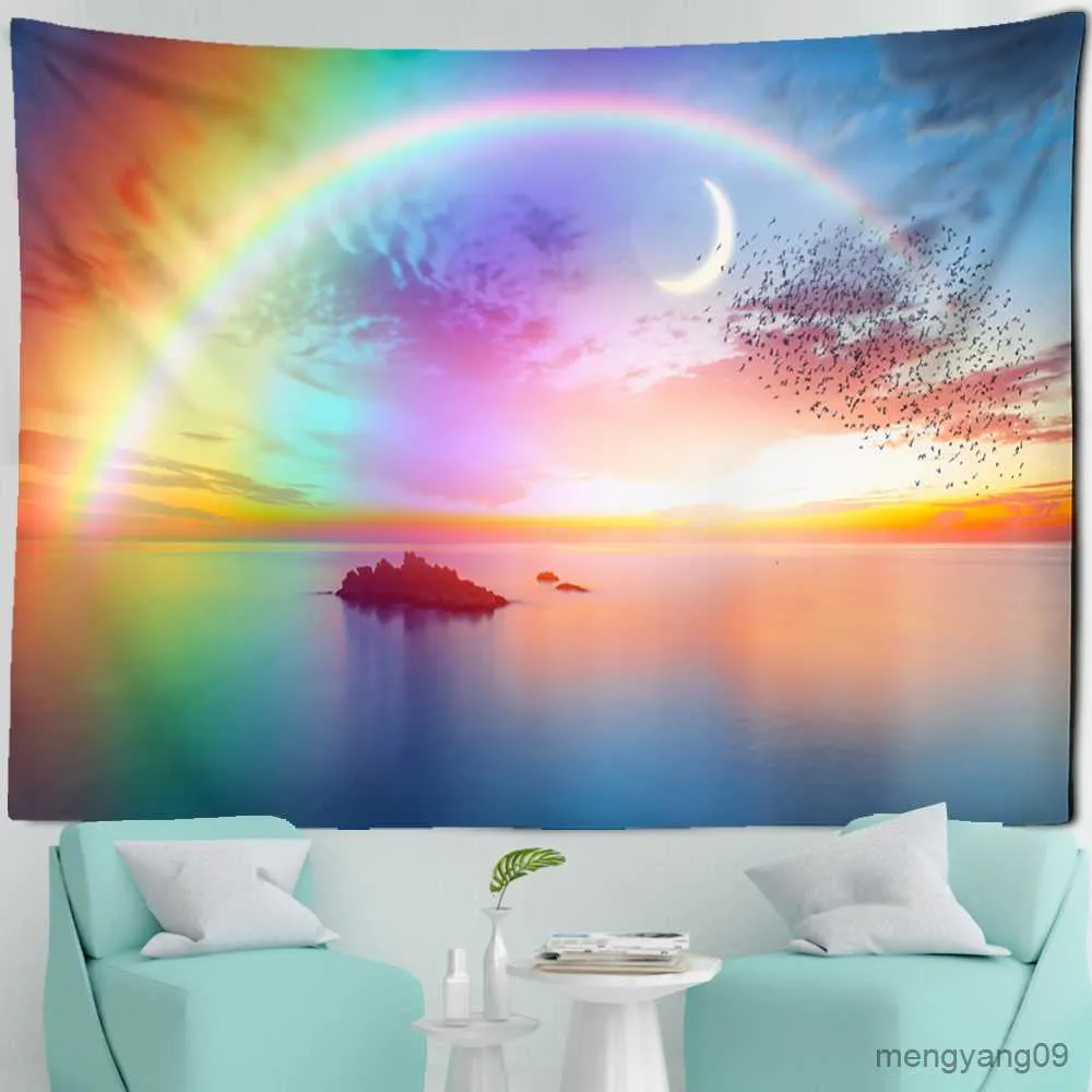 Tapisseries Rainbow Sunset Landscape Tapestry View Home Living Room Art Deco Hängande hippie R230812